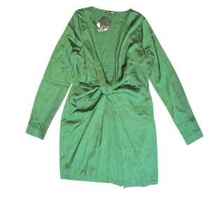 Fashion Nova Emerald Green Satin Knot Front Mini Dress, Size Small - NWT